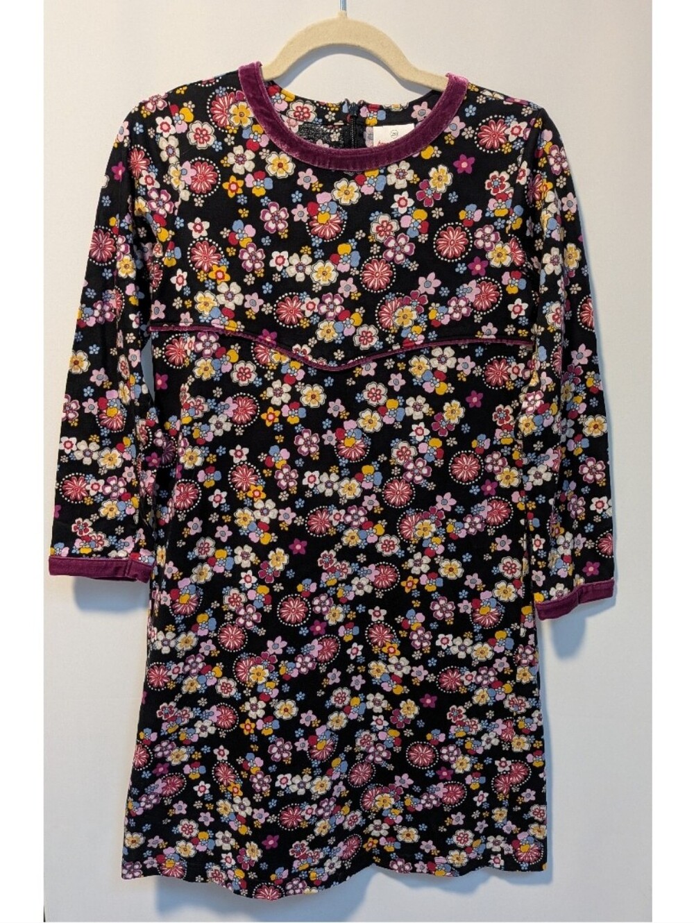 Hanna Andersson Black Cotton Retro Floral Velvet Trim Midi Dress Size 150, 12